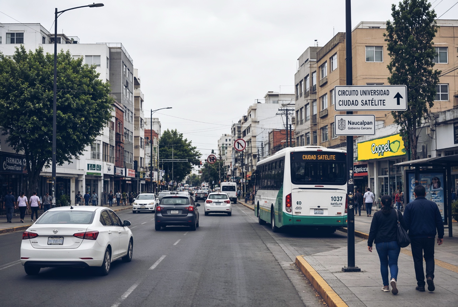Ilustración editorial de tránsito cotidiano y peatones en una avenida inspirada en Ciudad Satélite