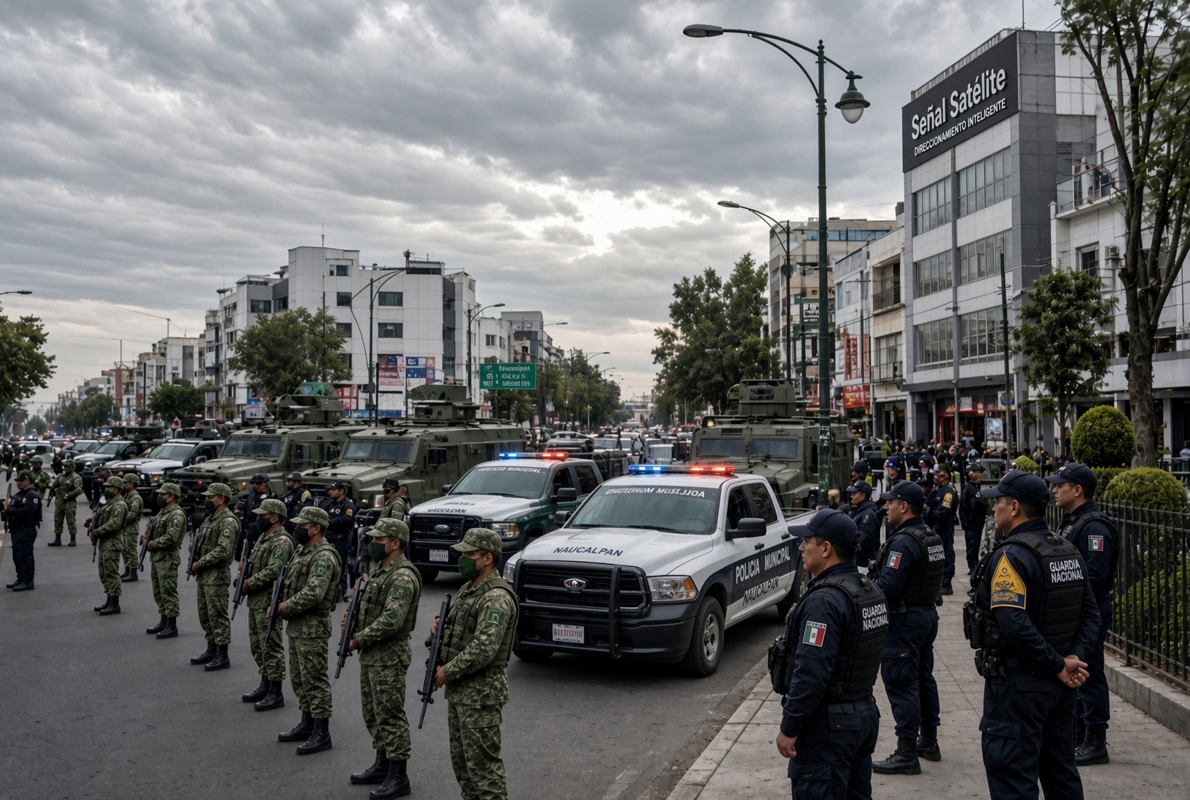 Ilustración editorial de un despliegue conjunto de seguridad en una avenida inspirada en Ciudad Satélite