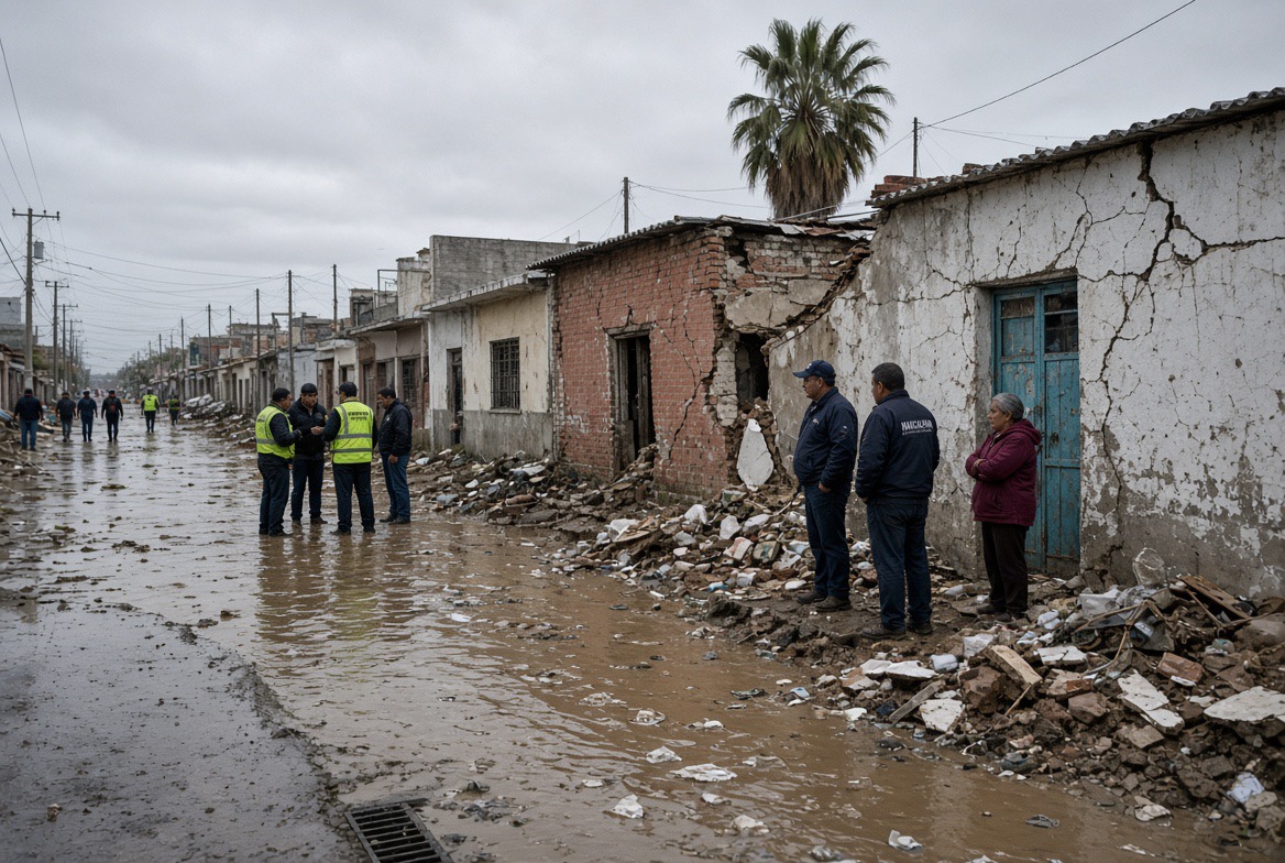 Ilustración editorial de una calle afectada por inundación y daños estructurales